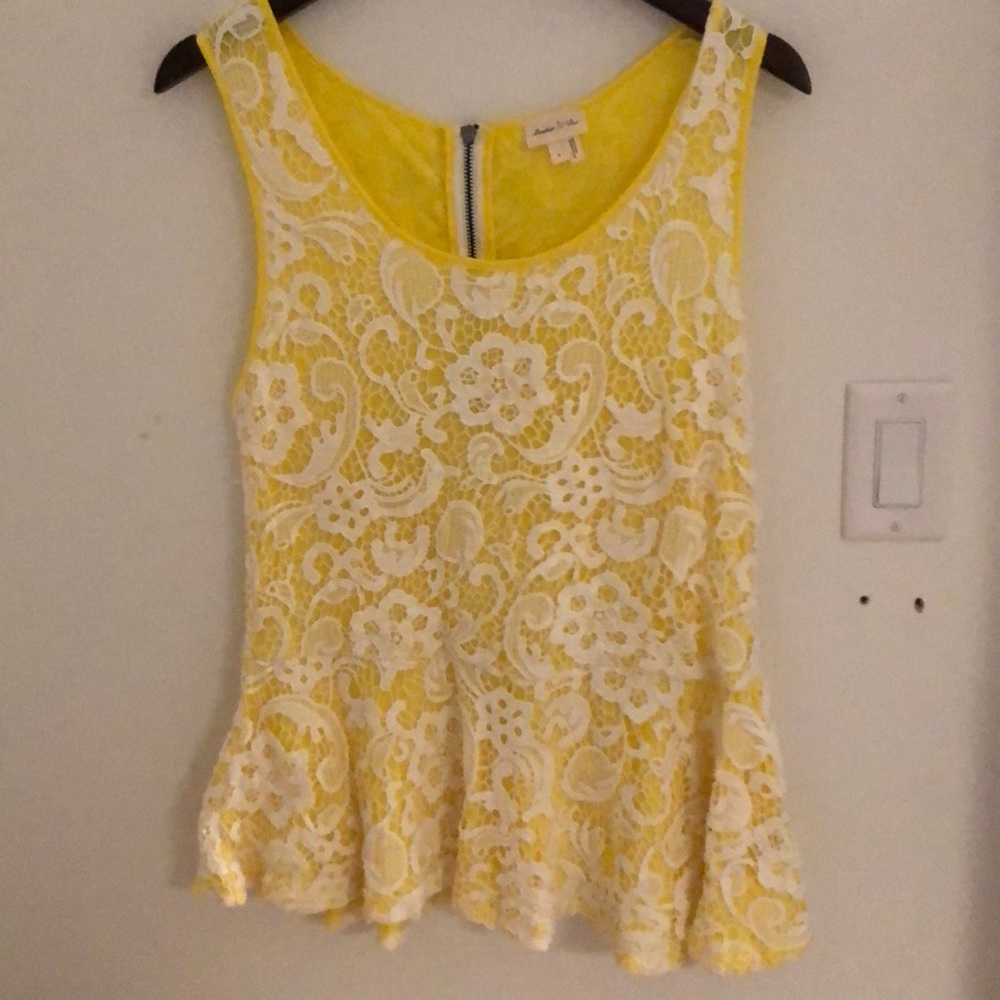 Anthropology Yellow w/ White Lace Overlay Peplum